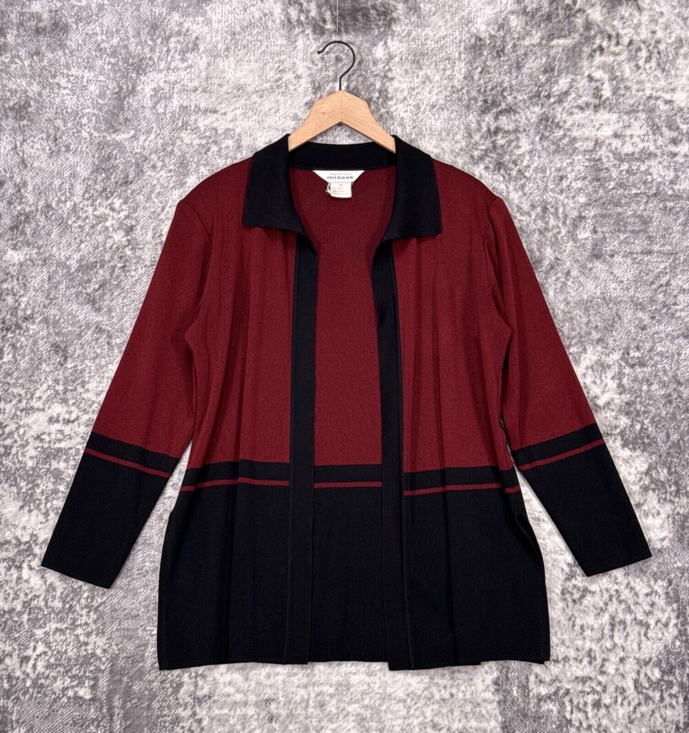 Exclusively Misook Jacket Womens Burgundy Red Black Color Block Knit M Medium